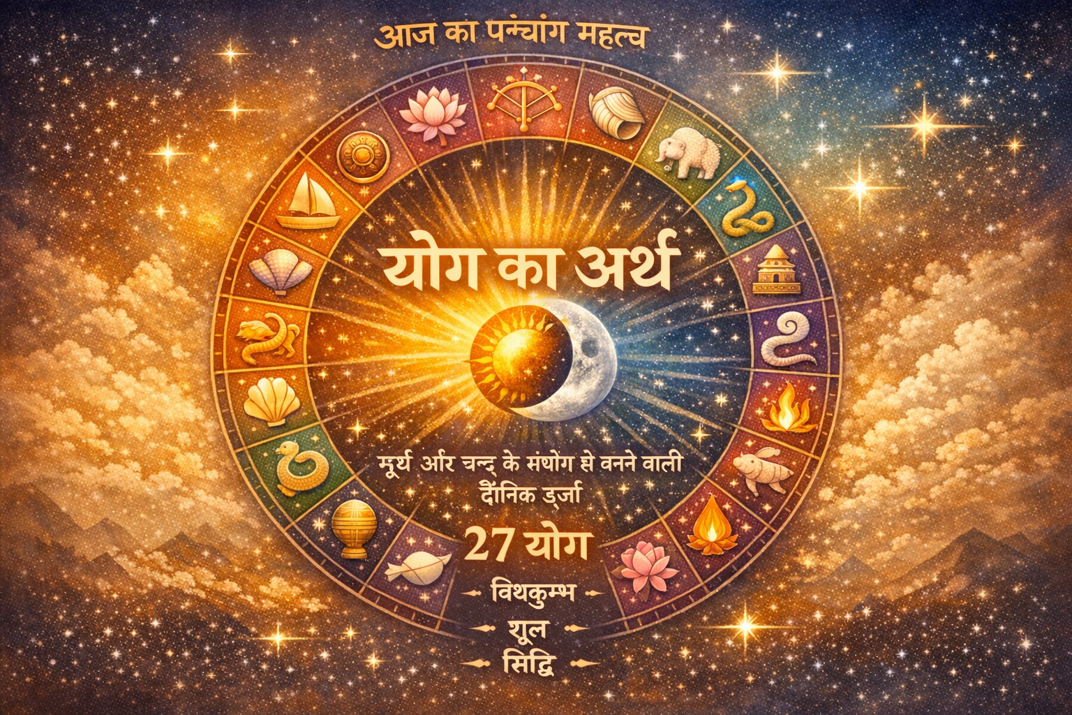 Do not write in Hindi on the images. Always write in English only. A vibrant, symbolic illustration representing the 27 Yogas. Each Yoga cou