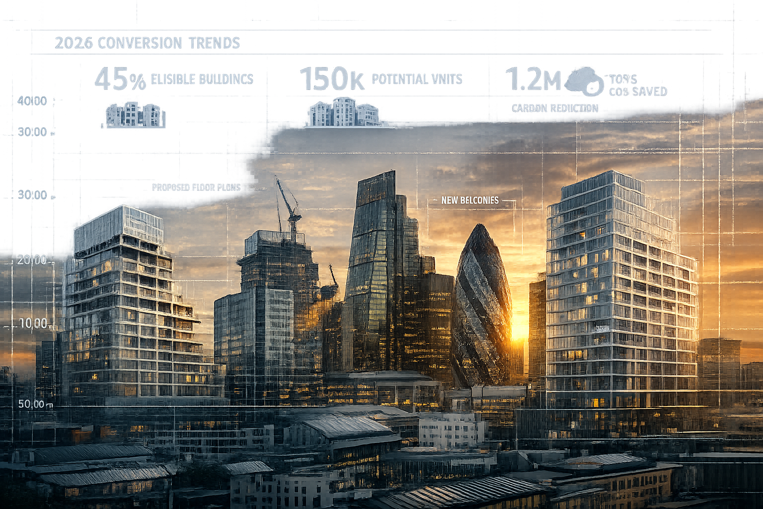 Panoramic London cityscape showing multiple office buildings in various stages of conversion, with transparent architectural