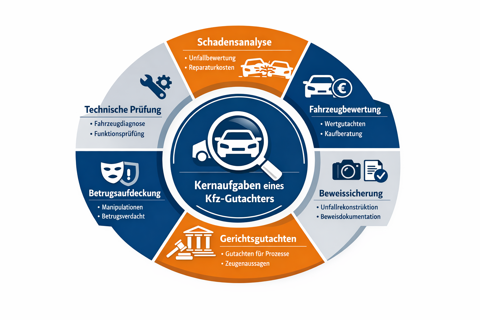 Professional () detailed infographic-style illustration showing the core tasks of a Kfz Gutachter arranged in a clean