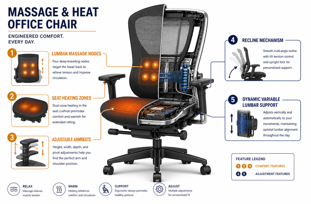 Detailed landscape format (1536x1024) infographic-style illustration showing cross-section diagram of an office chair with massage and heat features labeled: lumbar massage nodes, seat heating zones, adjustable armrests, recline mechanism, and dynamic variable lumbar support. Clean white background with color-coded callout lines in amber and navy blue. Technical yet accessible visual style, professional product diagram aesthetic, educational layout with bold section labels.