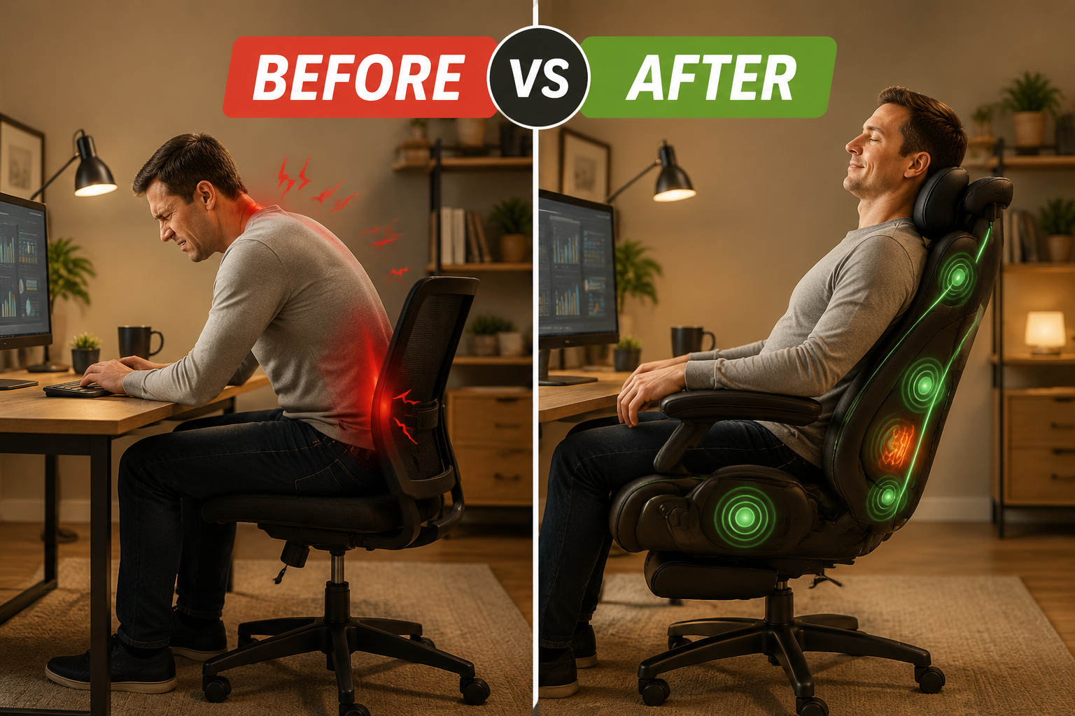 Landscape format (1536x1024) split-screen comparison image: left side shows a person slumped in a standard office chair with red pain indicators on back and neck, right side shows the same person relaxed in an ergonomic massage heated office chair with green comfort indicators and a calm expression. Overhead warm lighting, modern home office setting. Bold label text 'Before vs After' in 48pt sans-serif. Clean, editorial health and wellness visual style.