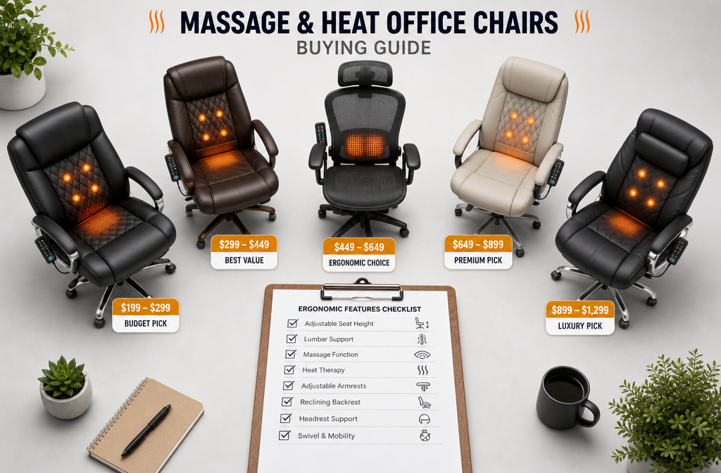 Landscape format (1536x1024) flat-lay buying guide visual showing five different office chairs with massage and heat features arranged in a semi-circle on a light gray studio background, each chair tagged with a price range badge in amber and white. A clipboard with a checklist of ergonomic features sits in the foreground. Clean product photography aesthetic, top-down perspective, professional retail catalog style with soft shadows and crisp detail.