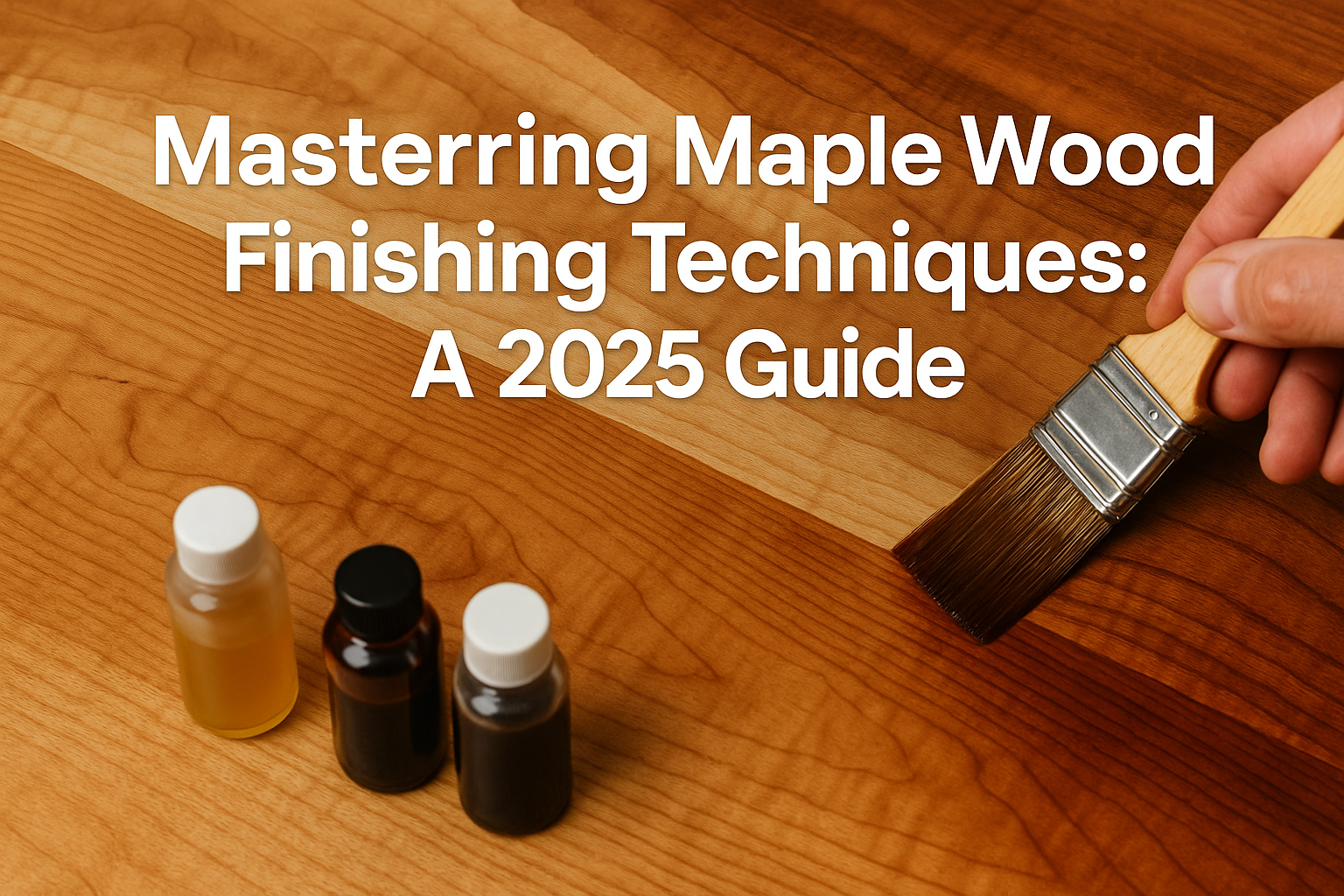 Professional landscape hero image (1536x1024) with bold text overlay: 'Mastering Maple Wood Finishing Techniques: A 2025 Guide', modern sans