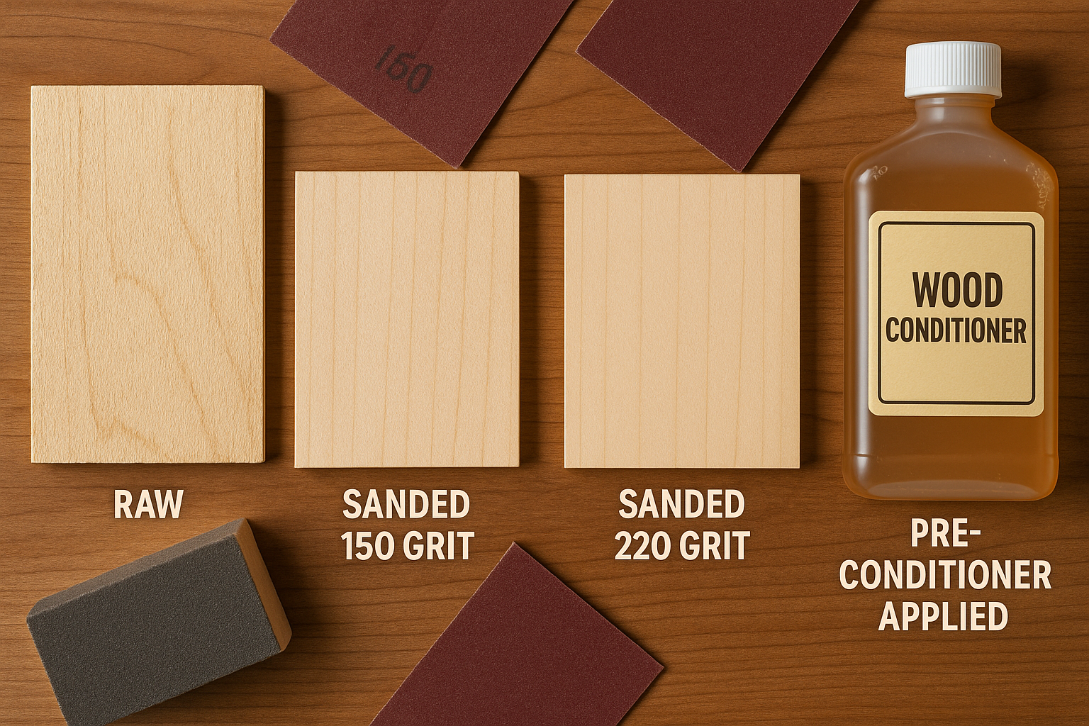 A detailed close-up shot of various maple wood samples, each showcasing a different preparation step: one raw, one sanded to 150-grit, one s
