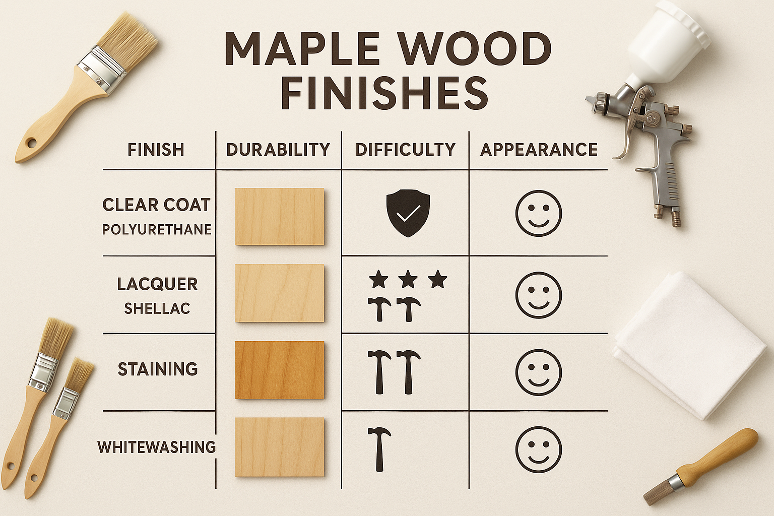 An organized table or infographic-style image displaying a comparison of different maple wood finishing techniques: clear coats (polyurethan