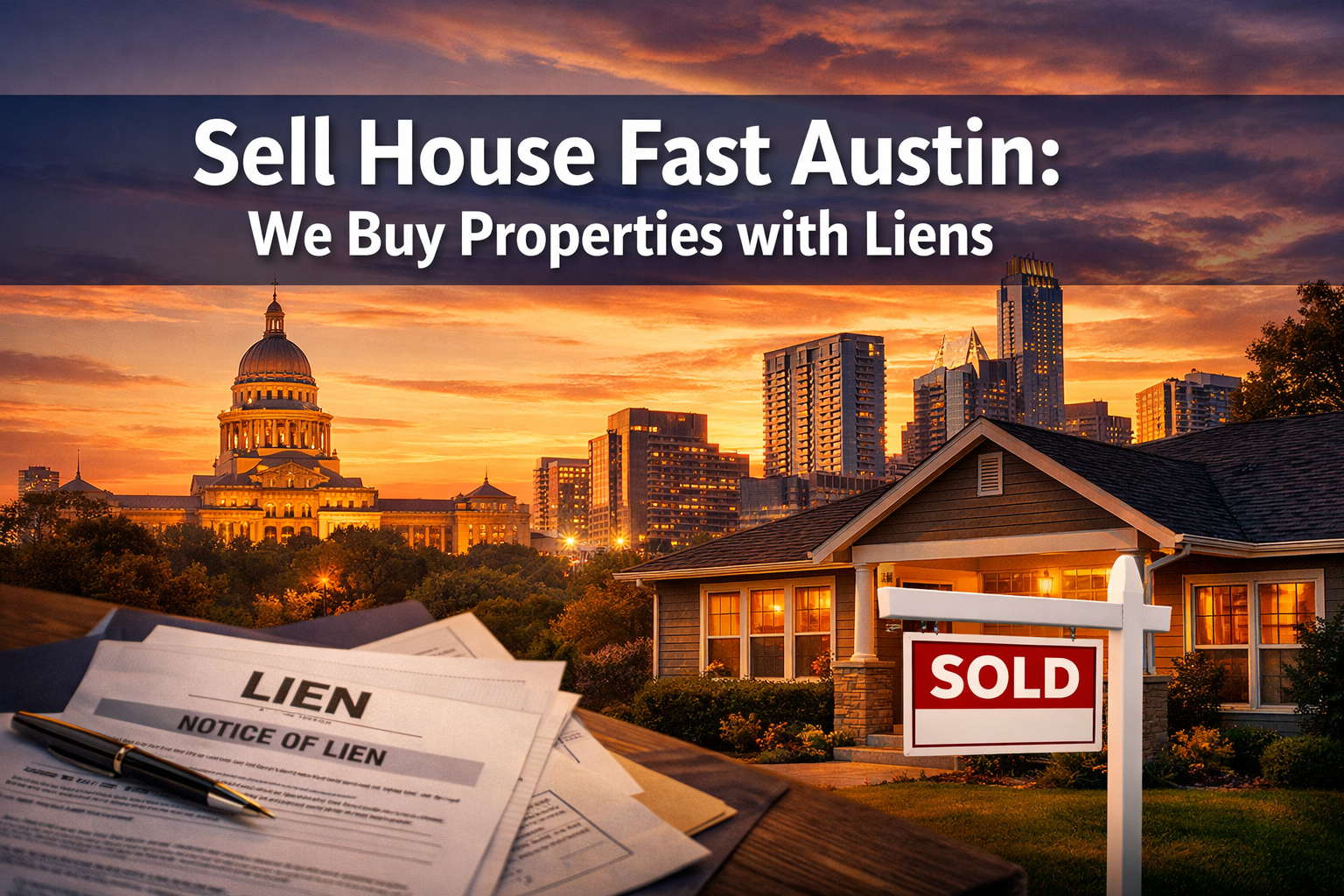 Professional landscape hero image (1536x1024) featuring bold text overlay 'Sell House Fast Austin: We Buy Properties with Liens' in extra la