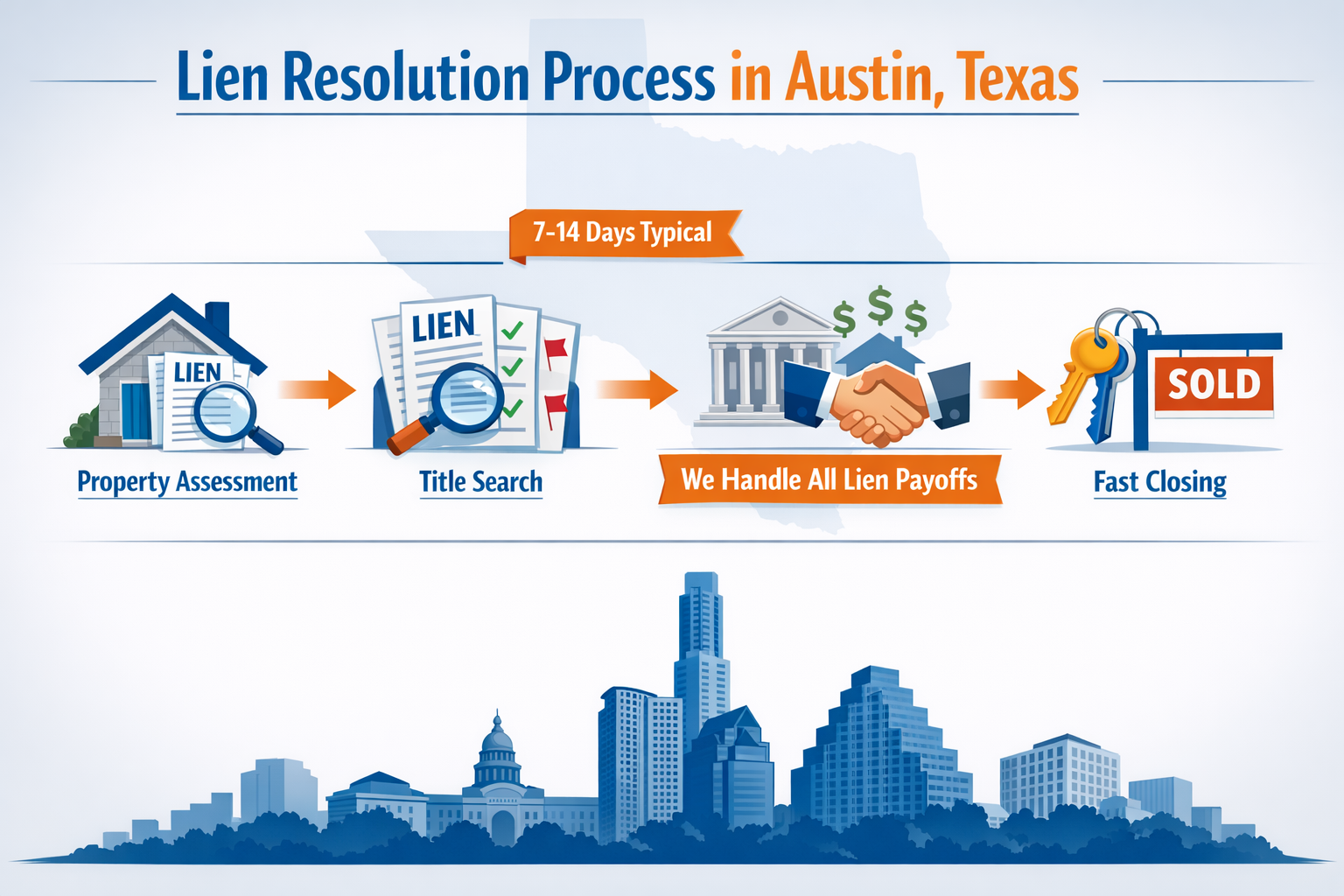 Detailed infographic illustration showing the lien resolution process in Austin Texas, featuring a flowchart with four connected stages: Pro