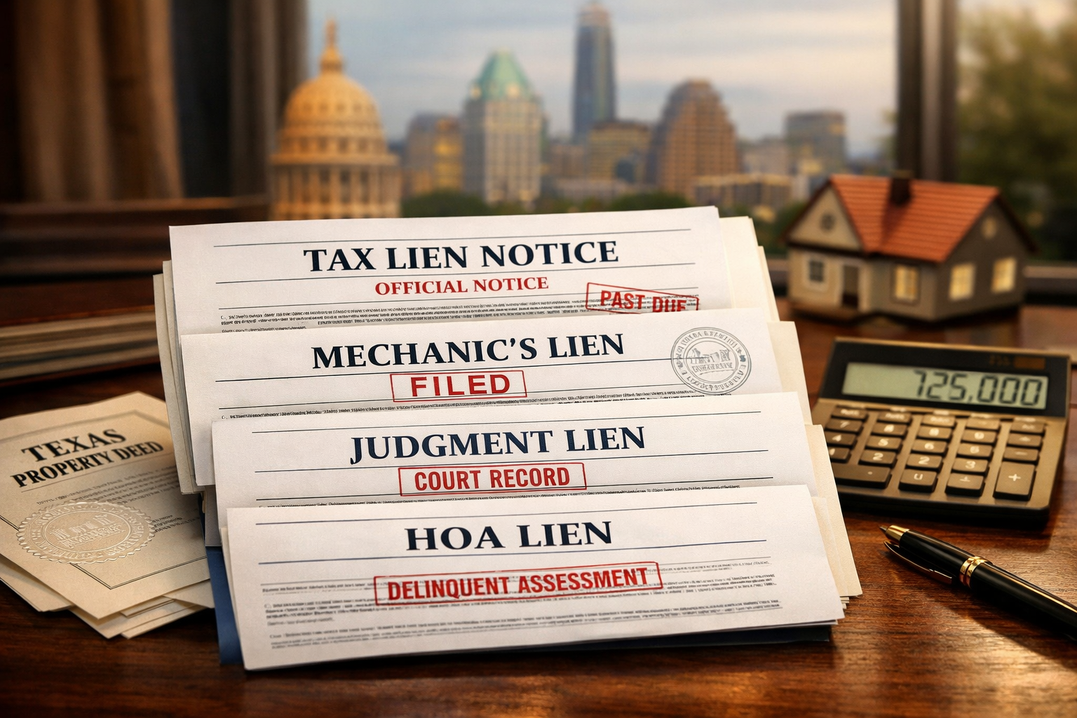 Professional photograph showing diverse types of property liens affecting Austin homeowners, displayed as stacked legal documents with visib