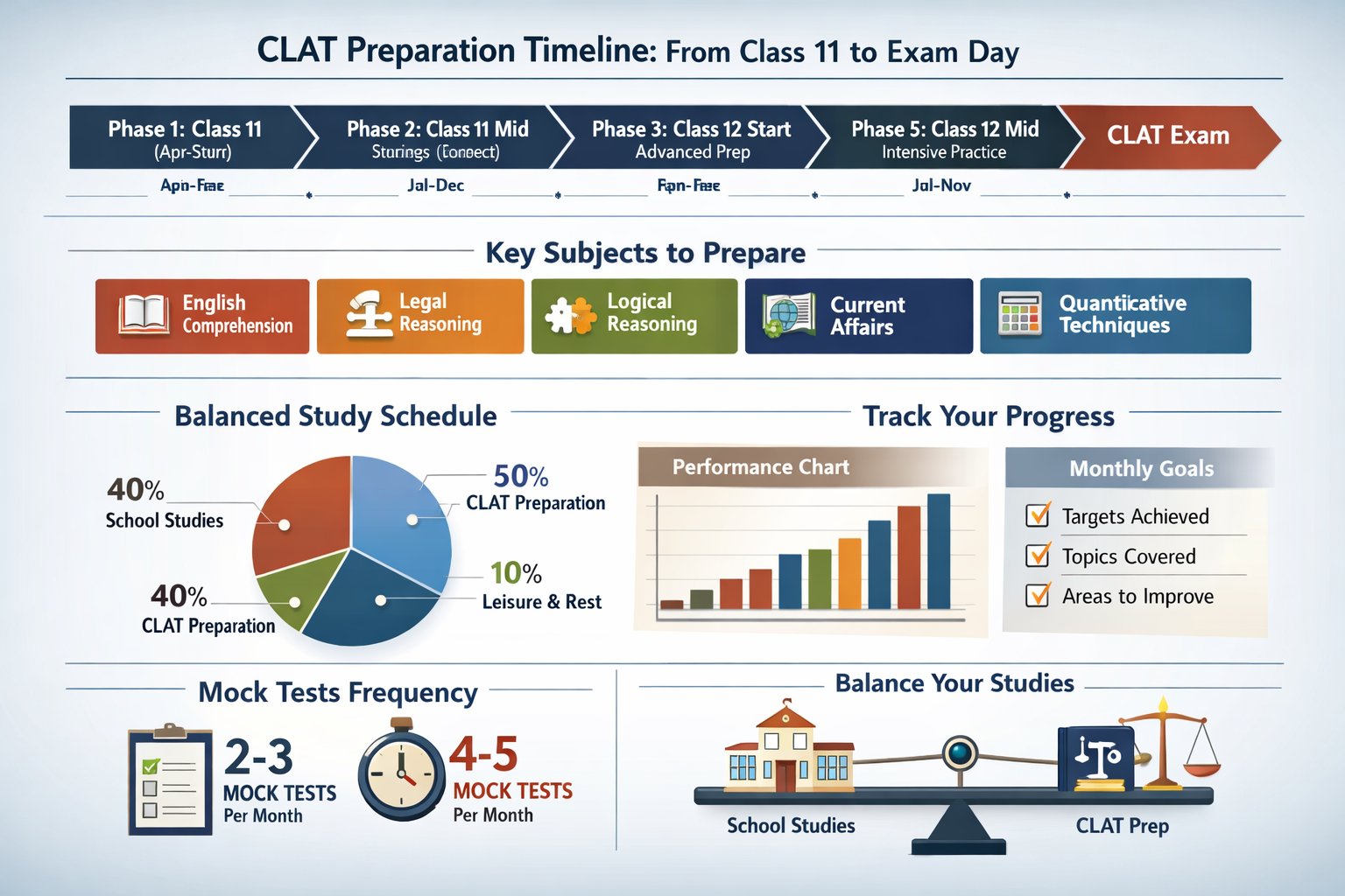 Detailed infographic illustration showing CLAT preparation timeline from Class 11 to exam day, split into phases with monthly milestones, su