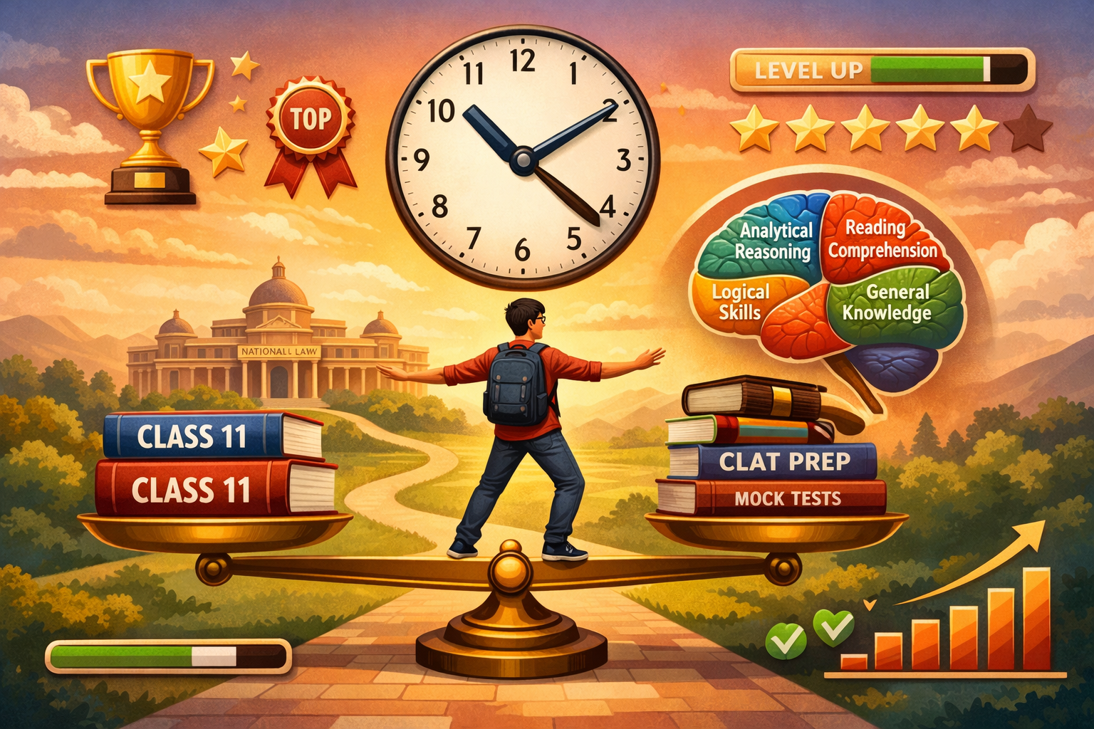 Conceptual illustration of a student successfully balancing multiple responsibilities, visual metaphor showing Class 11 textbooks on one sid