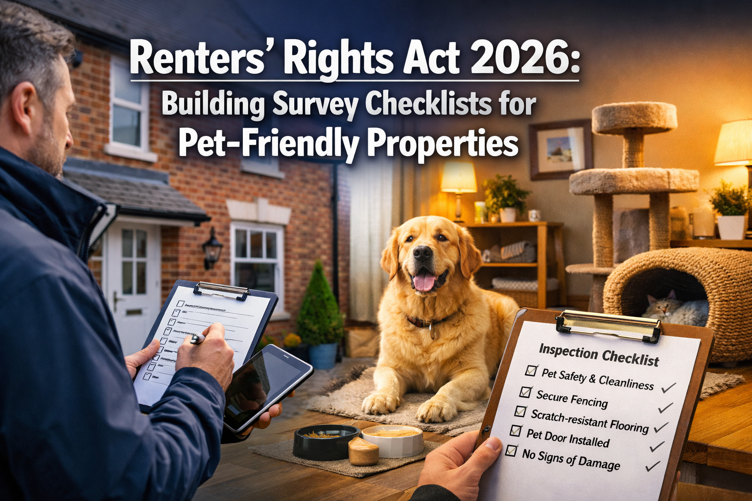 Professional () hero image featuring 'Renters' Rights Act 2026: Building Survey Checklists for Pet-Friendly Properties' in