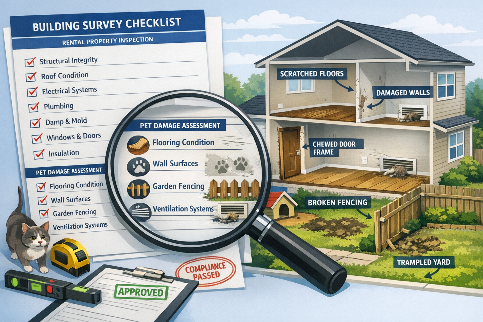 () detailed illustration showing comprehensive building survey checklist document in foreground with magnifying glass