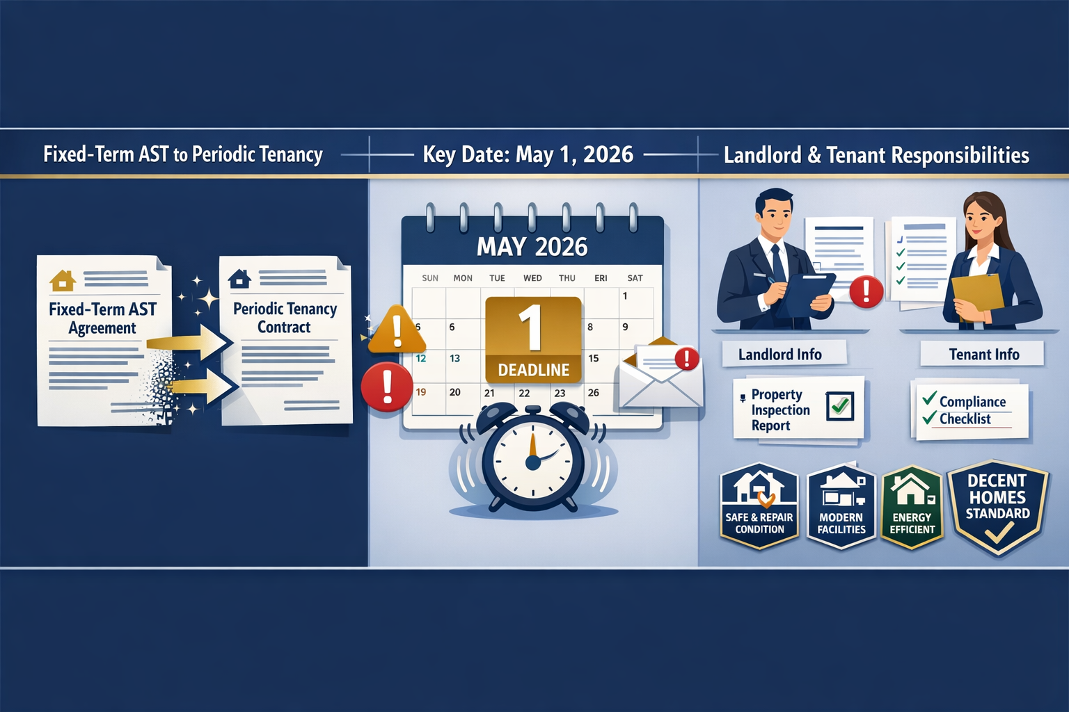 () visual representation of periodic tenancy conversion process showing timeline from May 2026 with three-stage flow