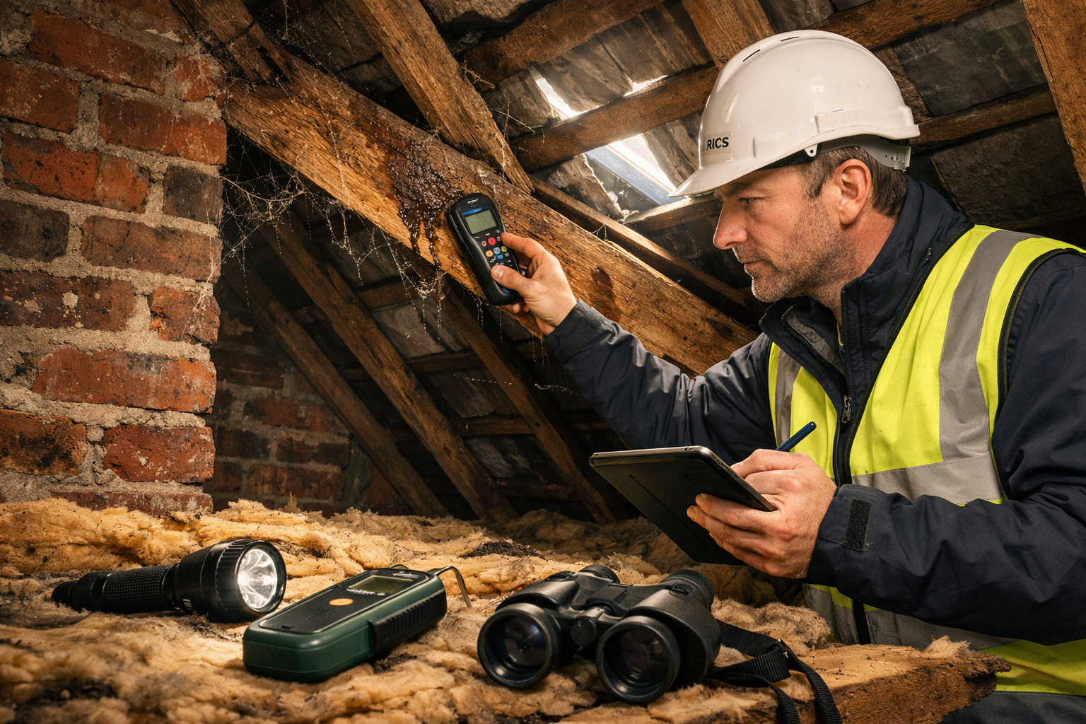 Detailed () editorial image showing a RICS chartered surveyor in high-visibility vest and hard hat examining roof timbers in
