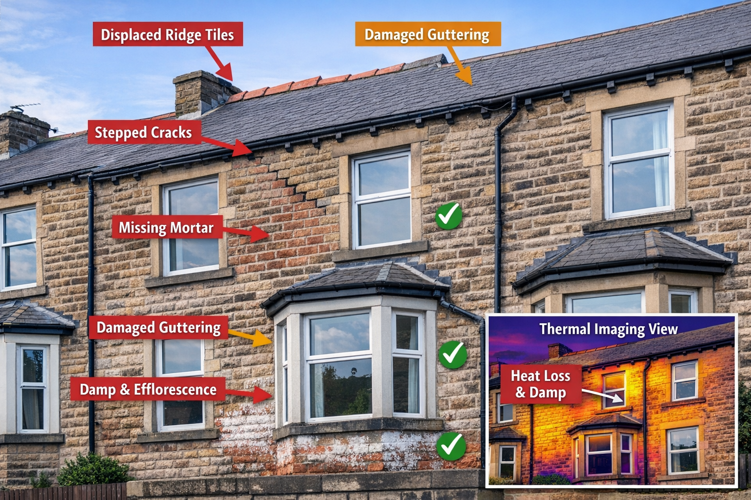 Wide-angle () professional photograph showing exterior elevation of a Northern England stone-built Victorian terraced