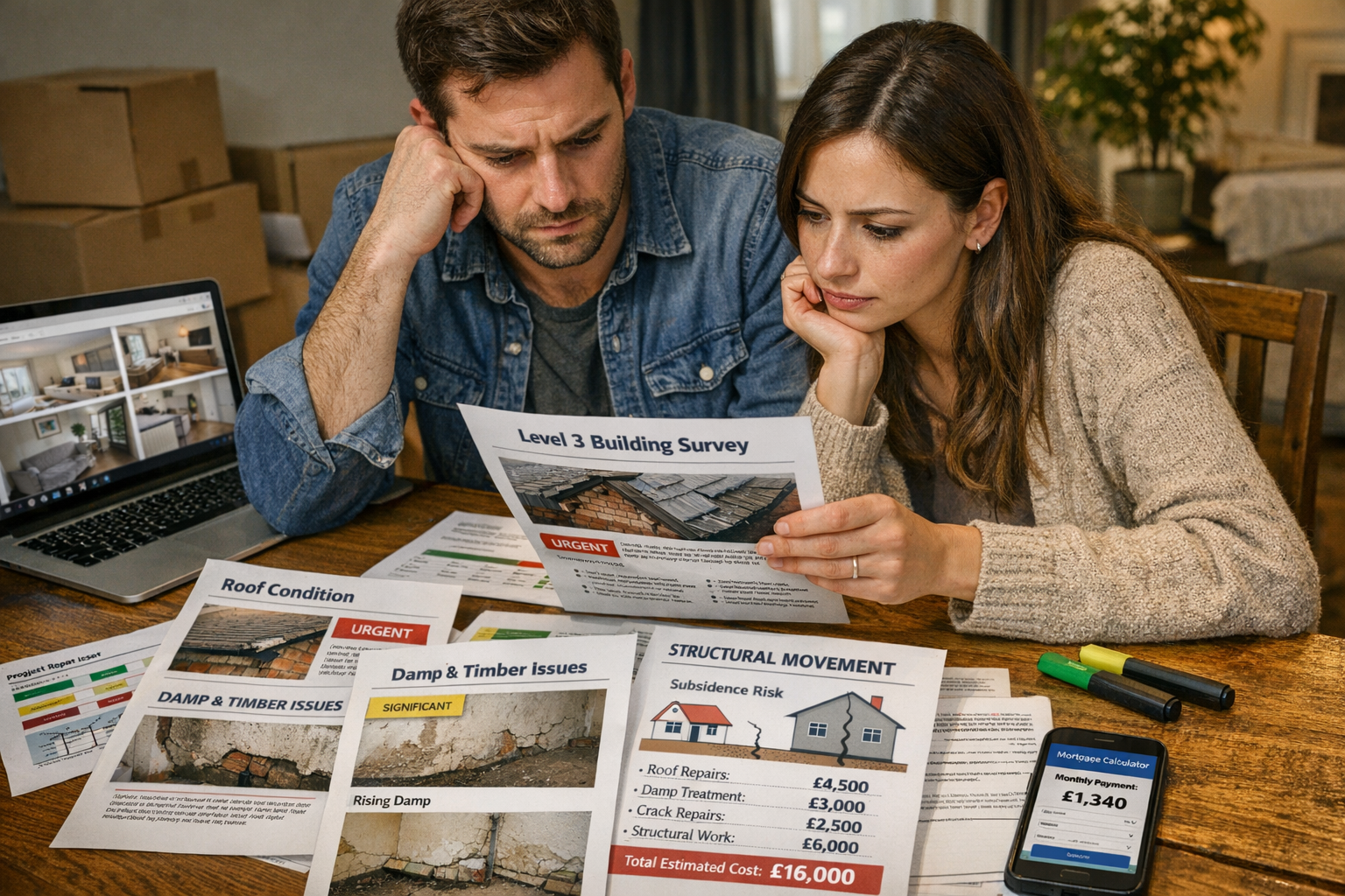 Detailed () scene showing a first-time buyer couple in their late twenties sitting at a wooden dining table reviewing a