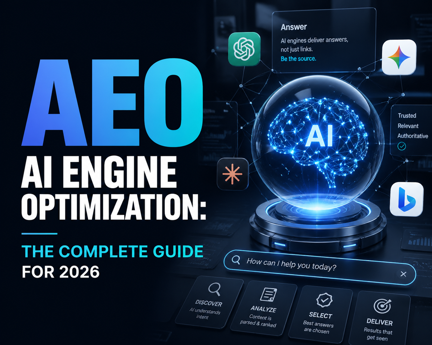 Professional hero image with bold text overlay: "AEO AI Engine Optimization: The Complete Guide for 2026". Modern design, high contrast, editorial quality, magazine cover aesthetic. Background imagery relevant to: AEO AI Engine Optimization: The Complete Guide for 2026. 