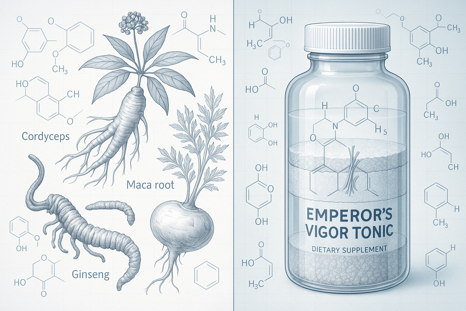 Scientific product visualization of Emperor's Vigor Tonic formula, showcasing ingredient molecular structures and botanical illustrations. S