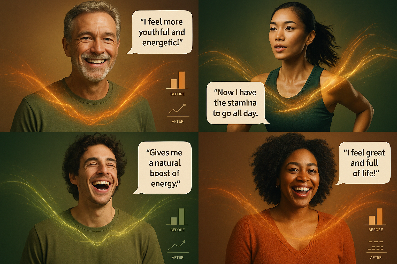 User testimonial montage featuring diverse individuals representing different age groups and lifestyles, each with dynamic energy visualizat