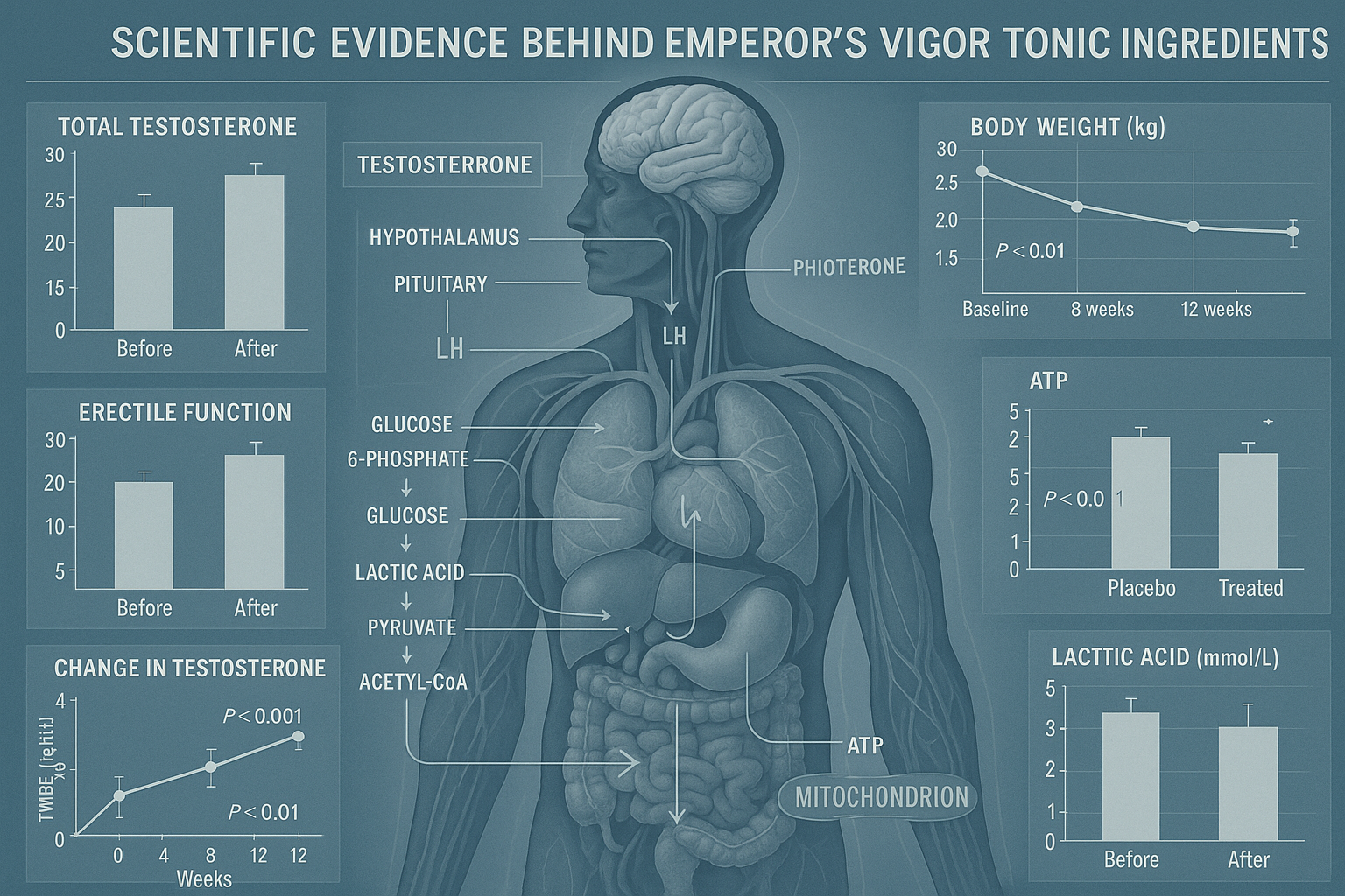 Clinical research infographic mapping scientific evidence behind Emperor's Vigor Tonic ingredients. Detailed anatomical diagram showing meta