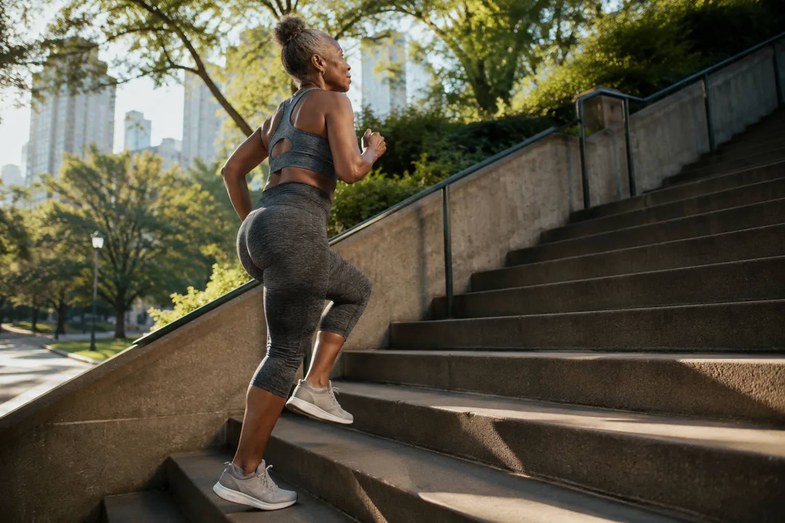 Editorial landscape photograph of a fit 60-year-old Black woman ascending a set of concrete park stairs two steps at a time,