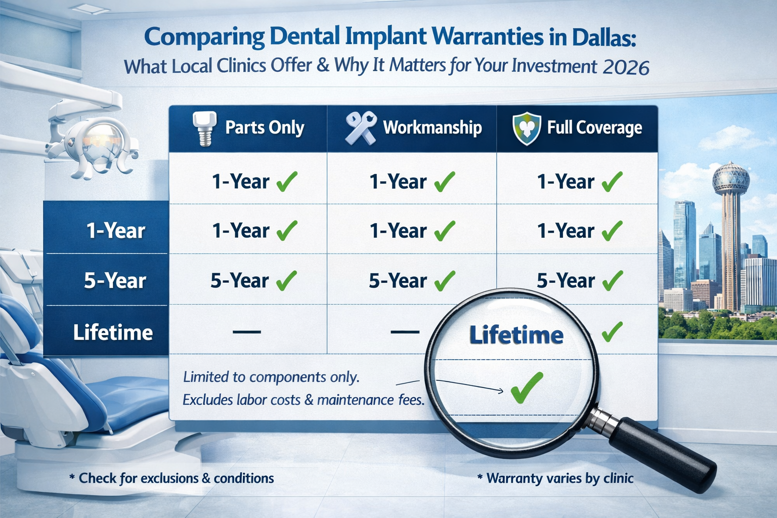 () image illustrating a comparison table or infographic, visually breaking down different warranty types for dental