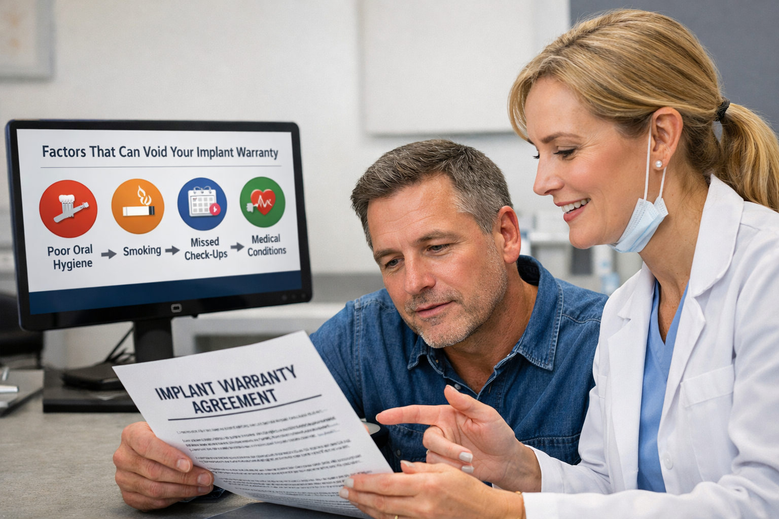 () image depicting a patient reviewing a warranty document with a dentist in a consultation room. The patient appears