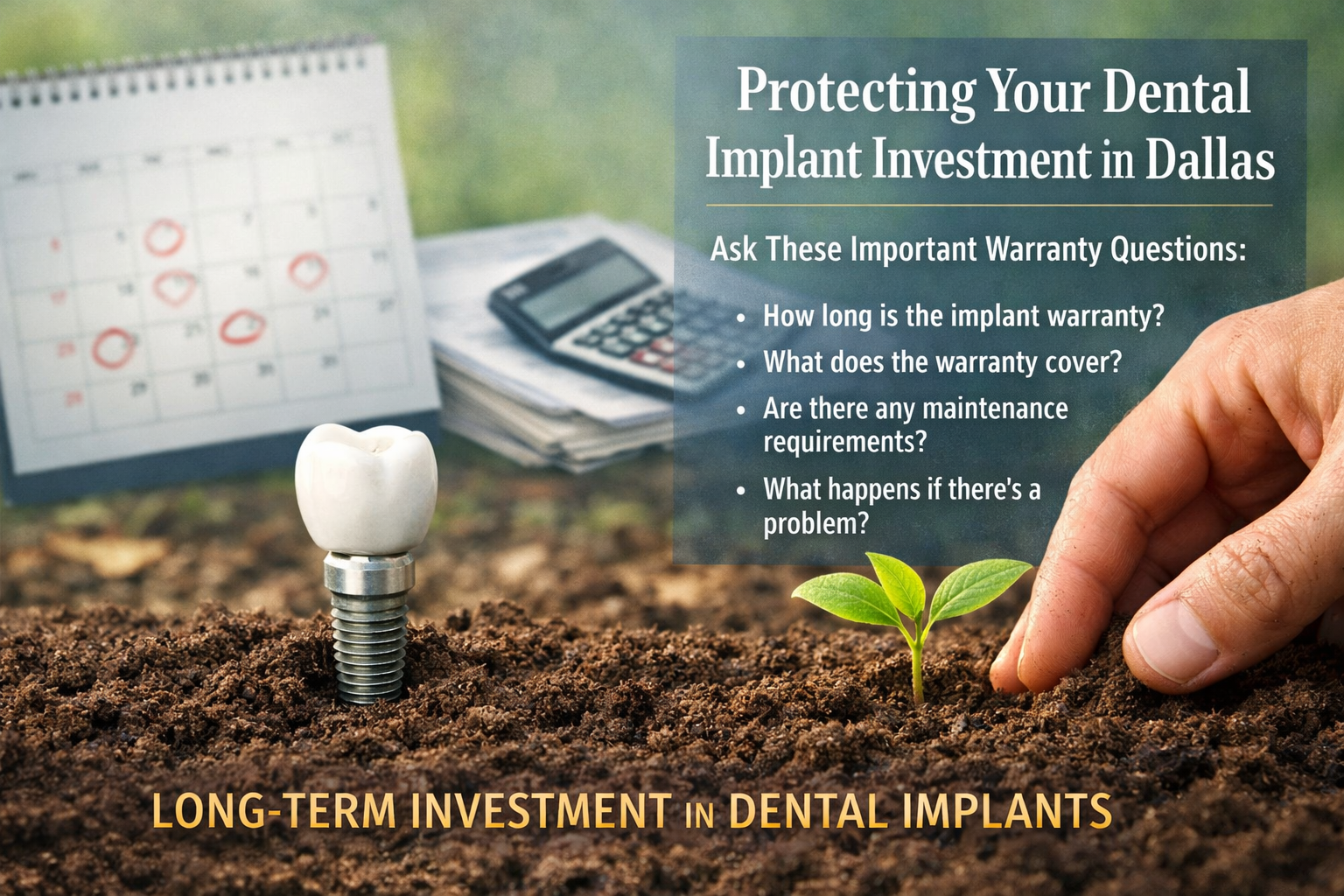 () image visually representing the concept of 'long-term investment' for dental implants. A hand is carefully placing a