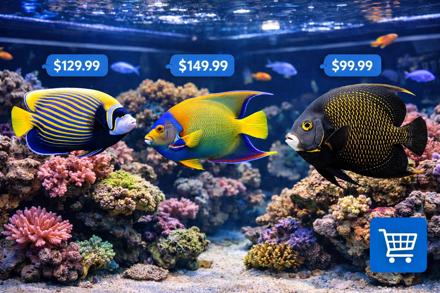 Detailed landscape format (1536x1024) image showing variety of popular marine angelfish species in professional aquarium setup - Emperor ang