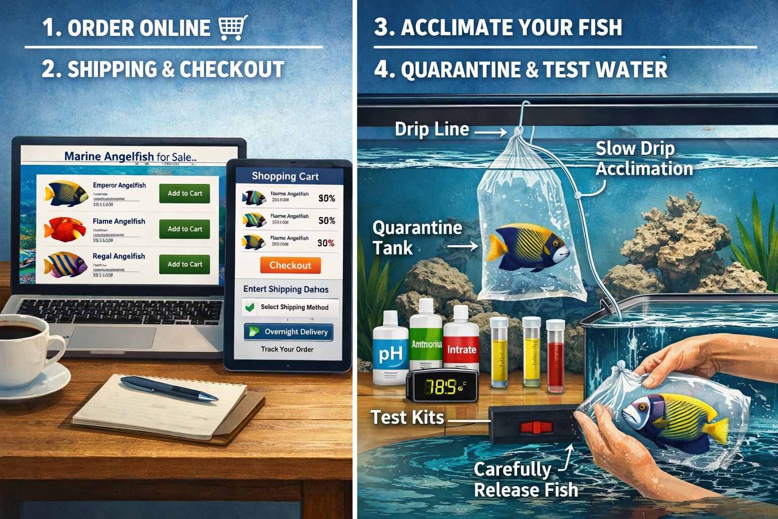Professional landscape format (1536x1024) image depicting online marine fish purchasing process - split screen showing computer/tablet displ