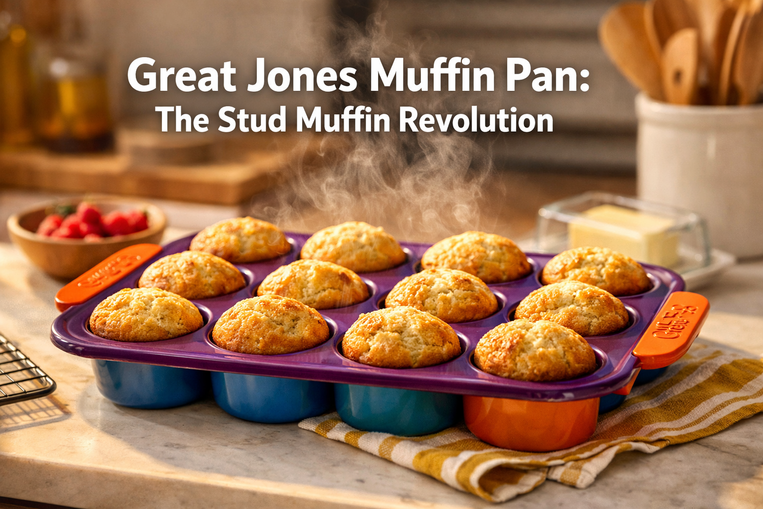 image featuring bold text overlay 'Great Jones Muffin Pan: The Stud Muffin Revolution' in extra large 72pt white sans-serif font with subtle shadow, centered in upper third. Background shows stunning Great Jones Stud Muffin pan in signature colorful design filled with golden-brown perfectly risen muffins on modern kitchen counter, warm natural lighting, steam rising, professional food photography aesthetic. Color scheme: warm golds, vibrant Great Jones signature colors, white text. High contrast, magazine cover quality, editorial culinary style with depth of field.