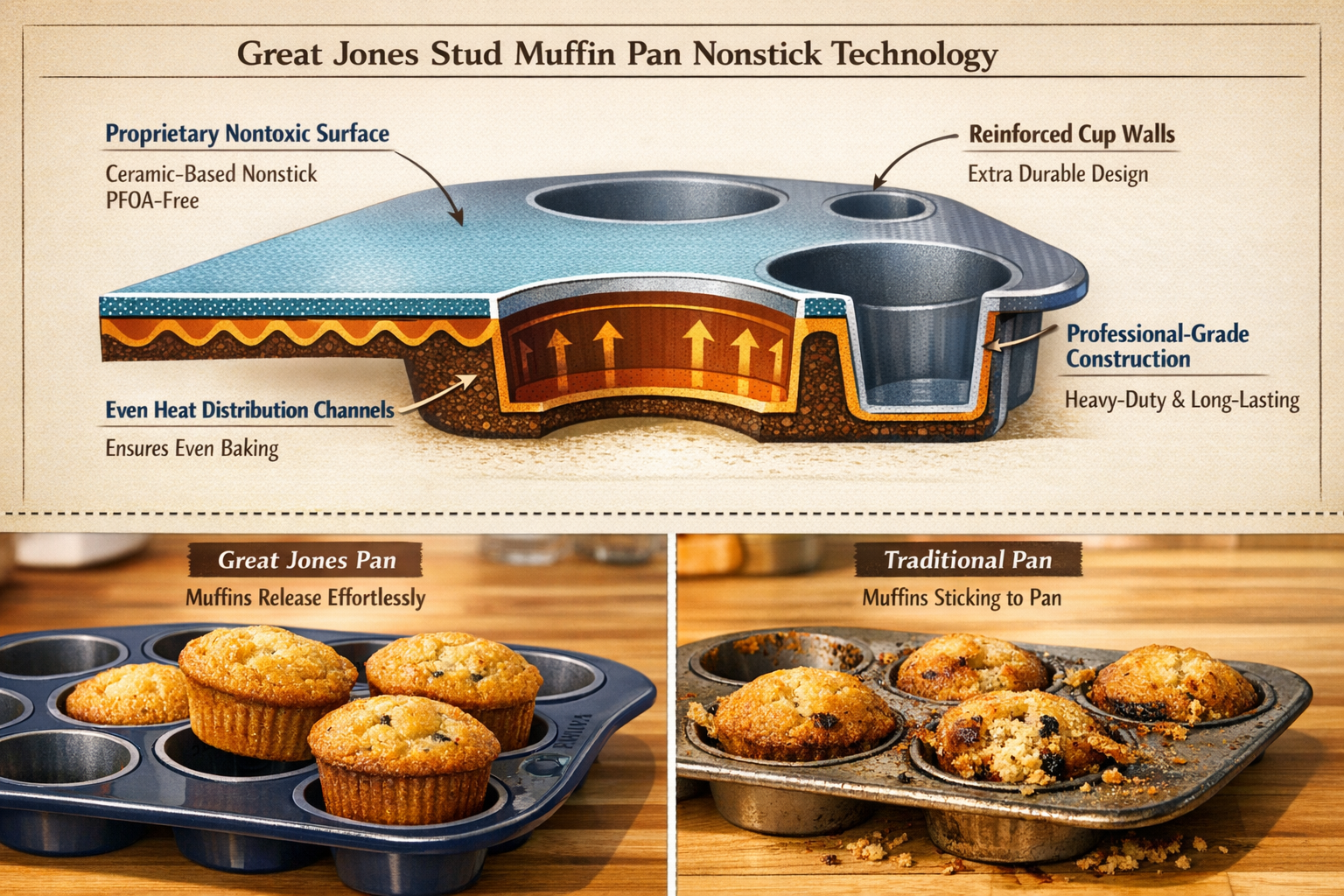image showing close-up cross-section view of Great Jones Stud Muffin pan's nonstick coating technology with labeled callouts pointing to proprietary nontoxic surface, even heat distribution channels, reinforced cup walls, and professional-grade construction. Split-screen comparison showing muffins releasing effortlessly from Great Jones pan versus sticking in traditional pan. Clean technical illustration style with professional photography elements, warm kitchen lighting, educational infographic aesthetic with text overlays explaining ceramic-based nonstick technology and PFOA-free materials.
