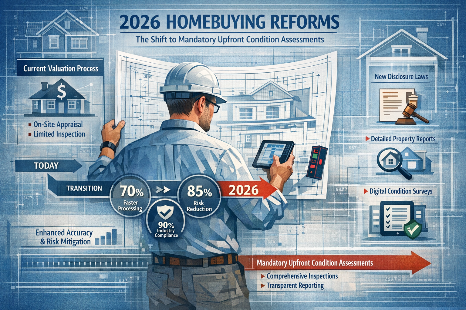 Editorial-style infographic visualizing 2026 Homebuying Reforms landscape, featuring architectural blueprint background with