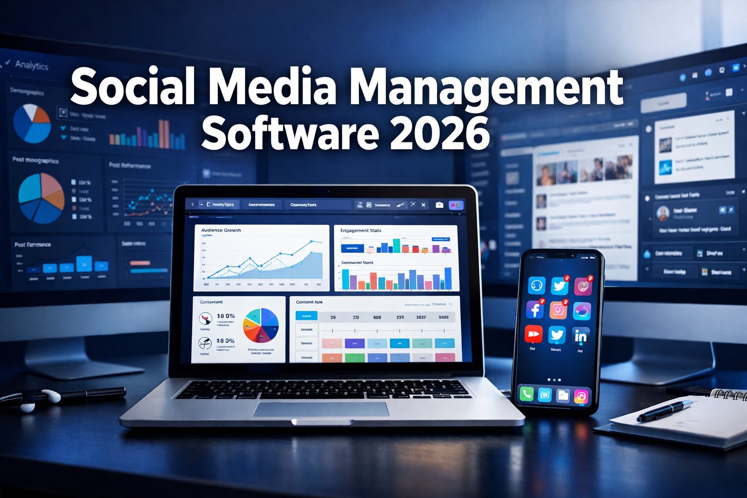 Professional landscape format (1536x1024) hero image featuring bold text overlay 'Social Media Management Software 2026' in extra large 72pt - Social Media Management Software 1 Professional landscape format (1536x1024) hero image featuring bold text overlay 'Social Media Management Software 2026' in extra large 72pt