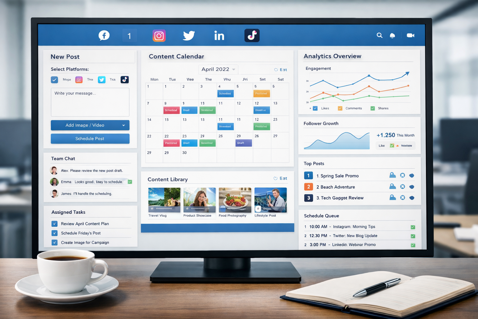 Detailed landscape format (1536x1024) image showing comprehensive social media management dashboard interface on large monitor, featuring mu - Social Media Management Software 2 Detailed landscape format (1536x1024) image showing comprehensive social media management dashboard interface on large monitor, featuring mu