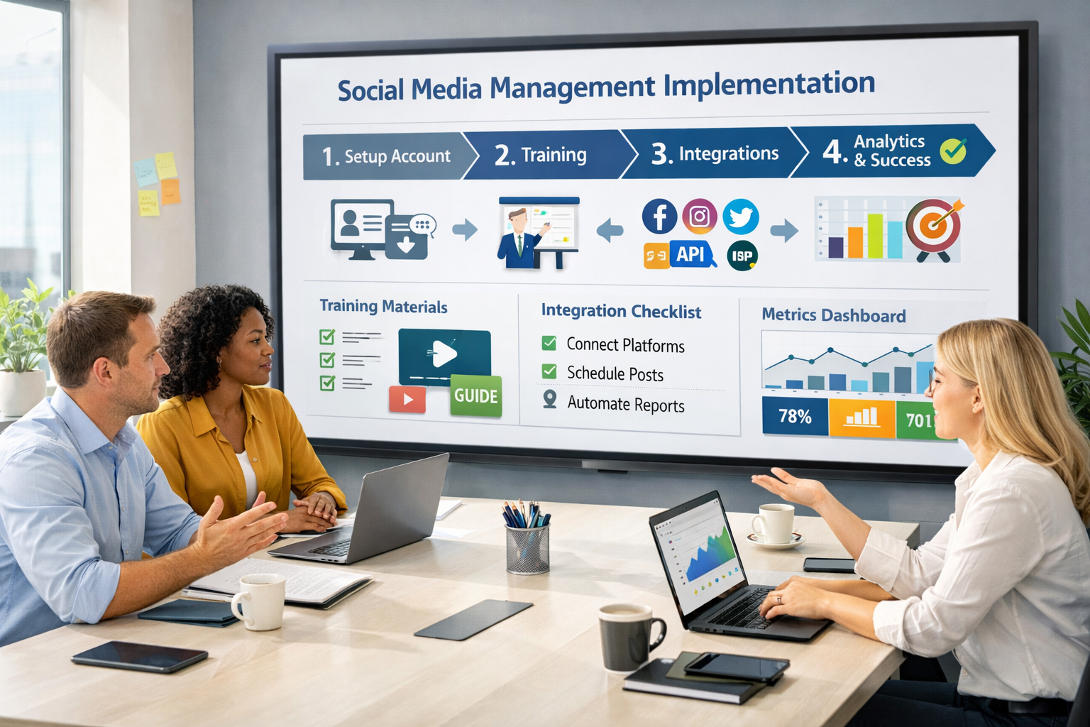 Professional landscape format (1536x1024) image depicting social media management software implementation process as step-by-step visual wor - Social Media Management Software 20 Professional landscape format (1536x1024) image depicting social media management software implementation process as step-by-step visual wor
