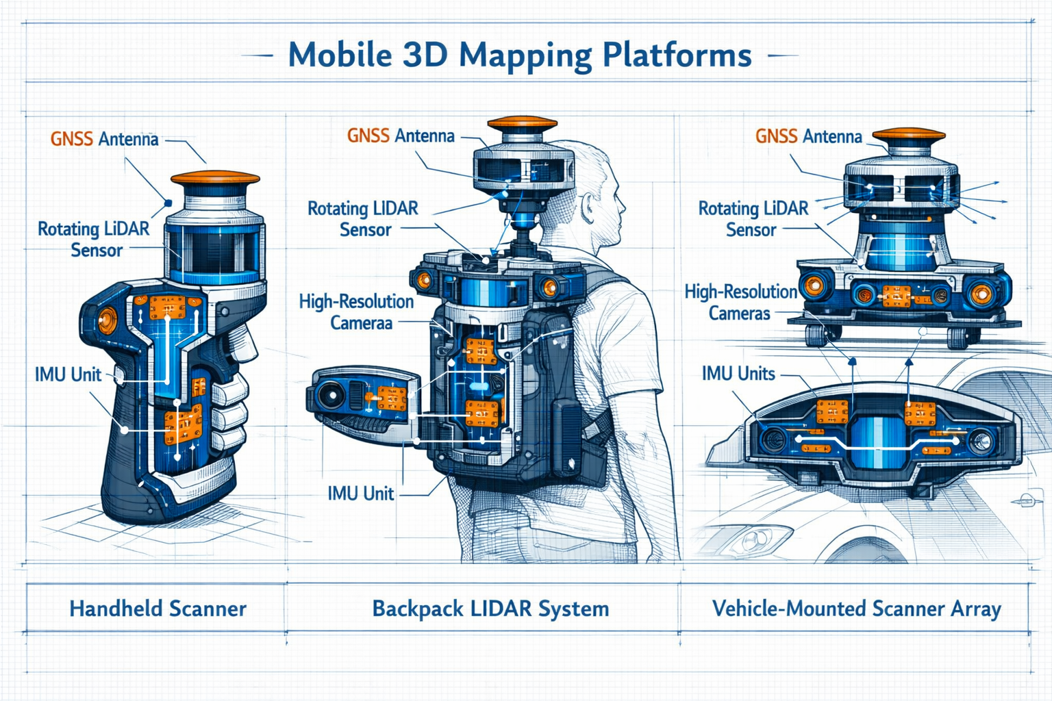 Landscape format (1536x1024) detailed technical illustration showing three mobile 3D mapping platforms side by side: handheld scanner device