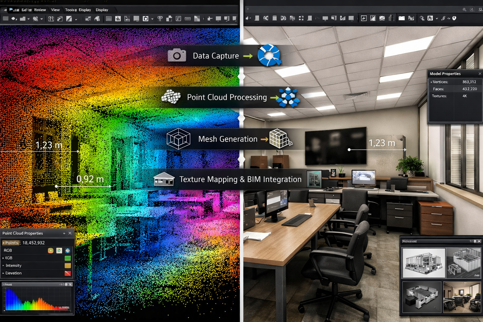 Landscape format (1536x1024) split-screen comparison visualization showing left side with raw colorful LiDAR point cloud data of building in