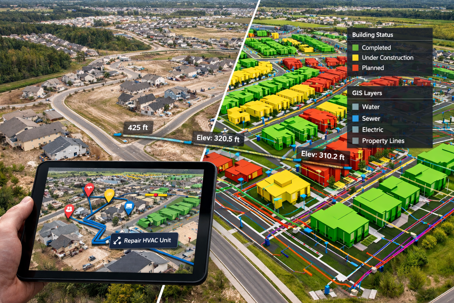 Landscape format (1536x1024) real-world application showcase displaying large-scale digital twin model of housing development with 3D buildi