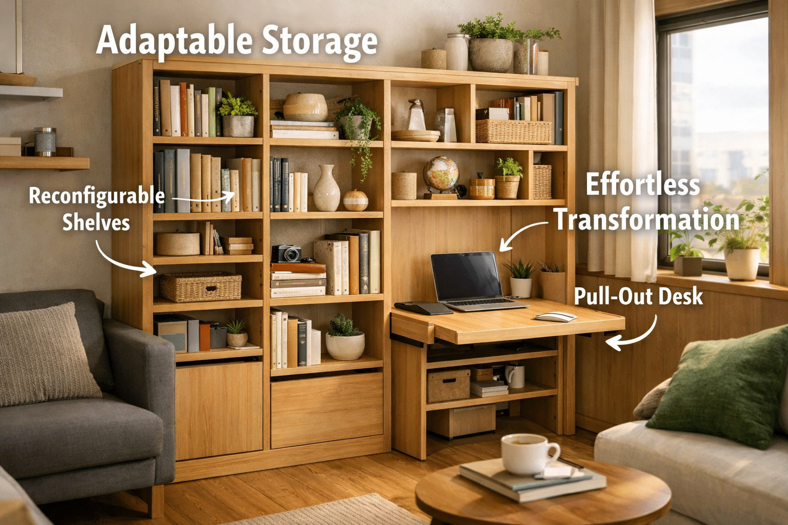 A detailed, eye-level landscape shot () within a beautifully designed, compact apartment. The central focus is a modular