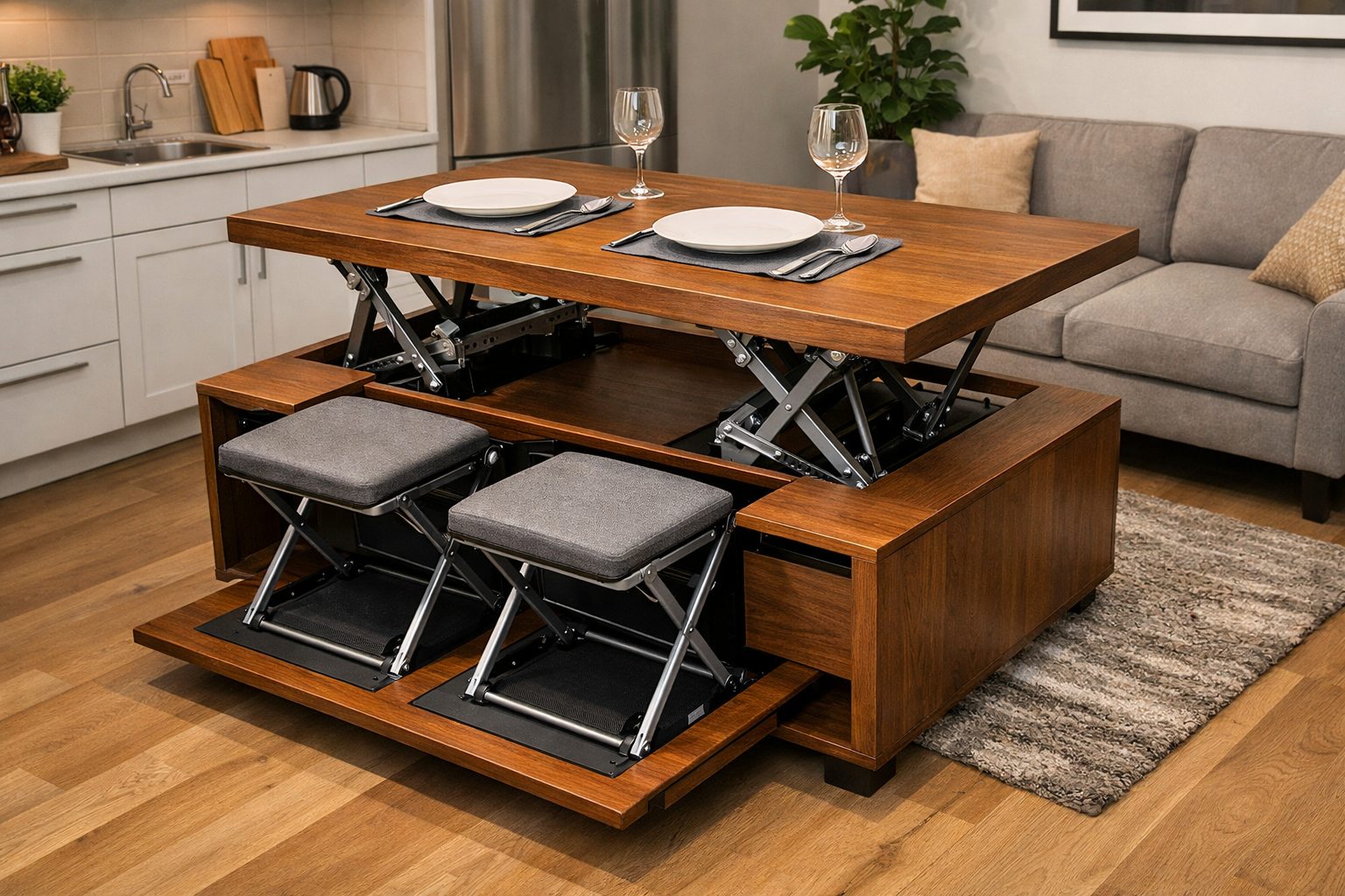 A dynamic, slightly elevated landscape perspective () showcasing the transformation of a single piece of furniture within a