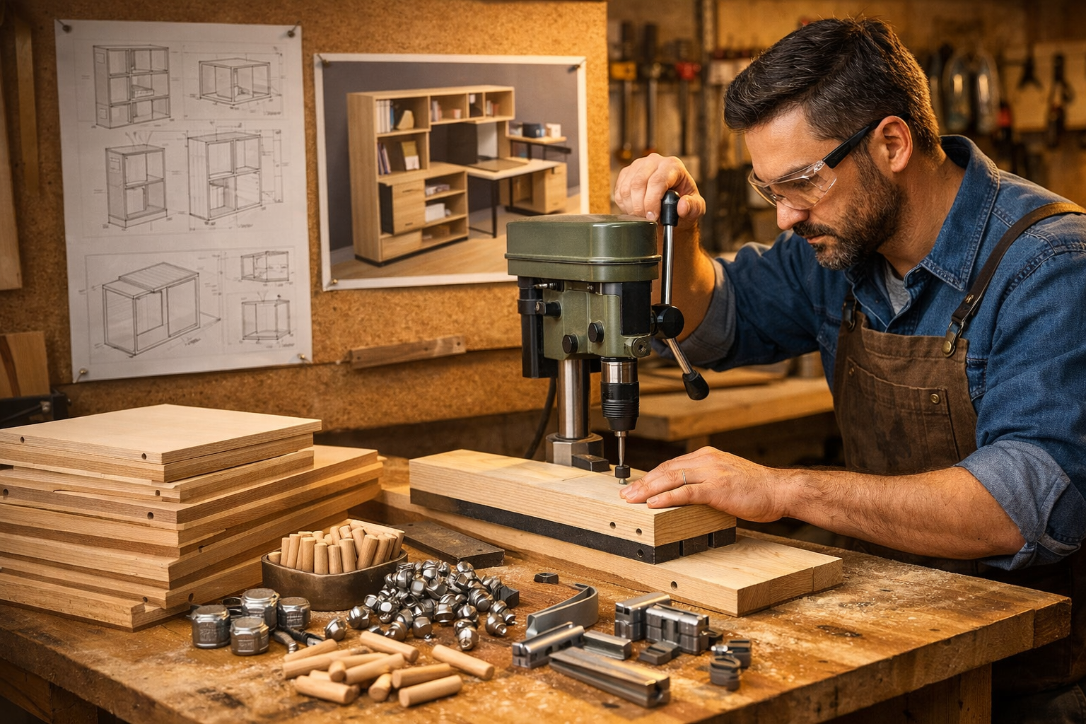 An engaging, warm-toned landscape shot () inside a well-lit woodworking workshop, highlighting the tools and materials used
