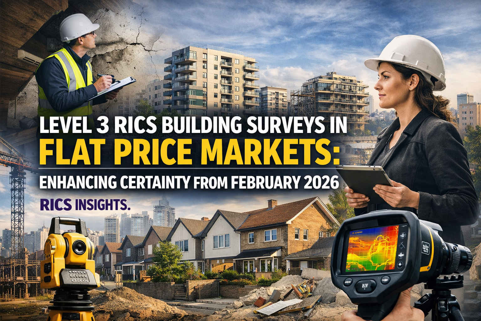 Professional landscape hero image () with : "Level 3 RICS Building Surveys in Flat Price Markets: Enhancing Certainty from