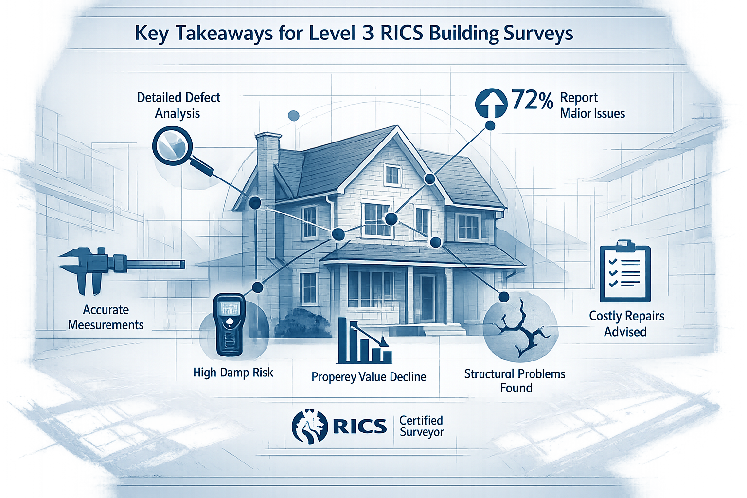 Landscape infographic visualizing 'Key Takeaways' for Level 3 RICS Building Surveys, featuring architectural blueprint with