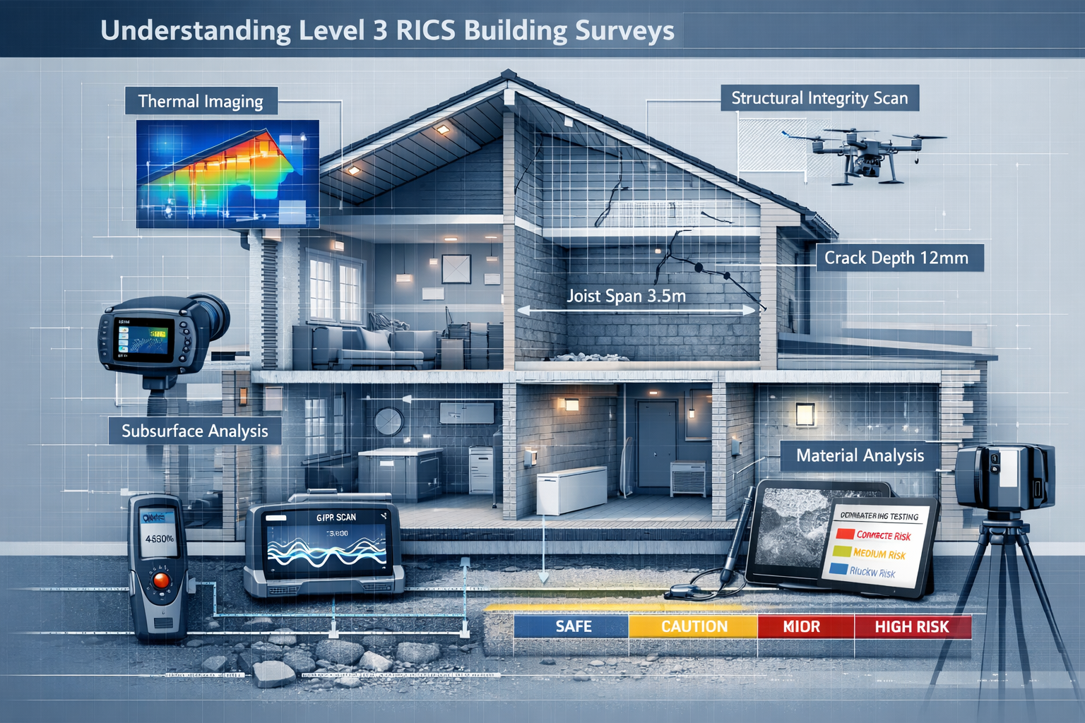 Technical architectural visualization depicting 'Understanding Level 3 RICS Building Surveys', showing cross-sectional