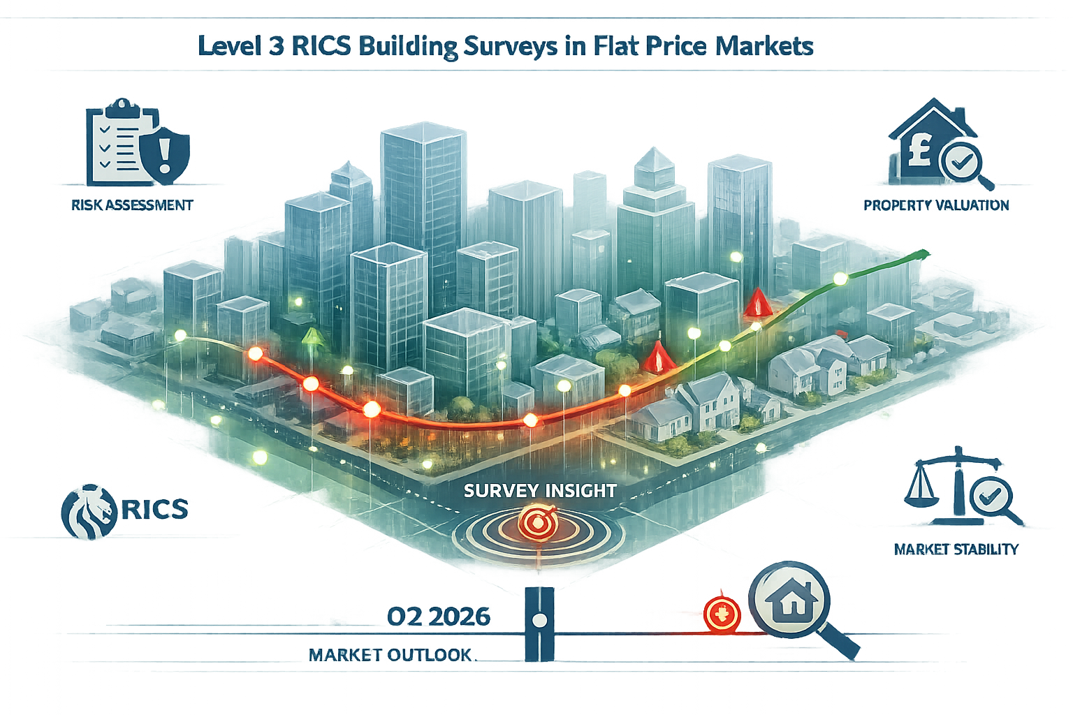 Strategic market visualization for 'Level 3 RICS Building Surveys in Flat Price Markets', featuring an isometric cityscape