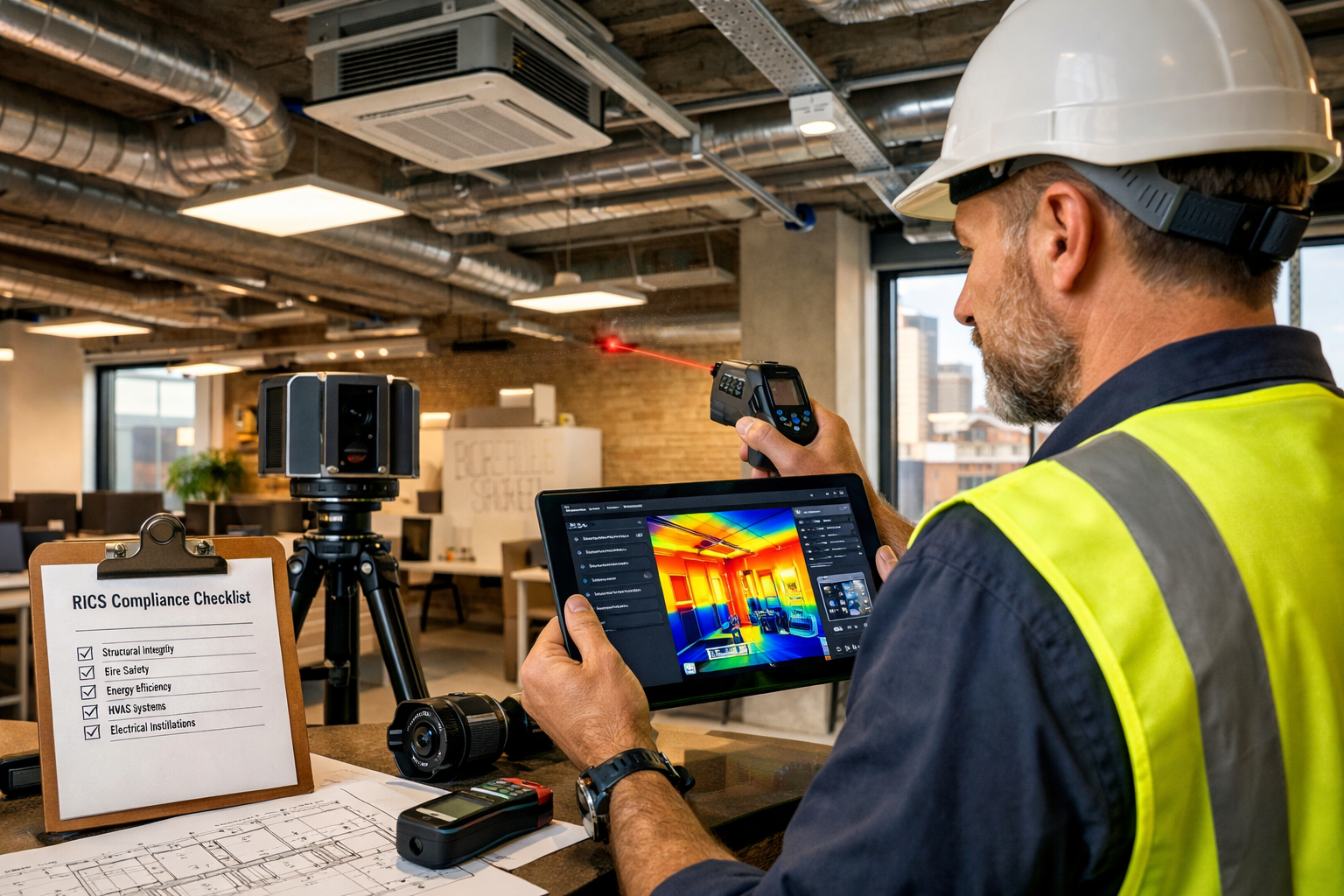 Detailed () image showing professional chartered surveyor conducting comprehensive building assessment inside renovated