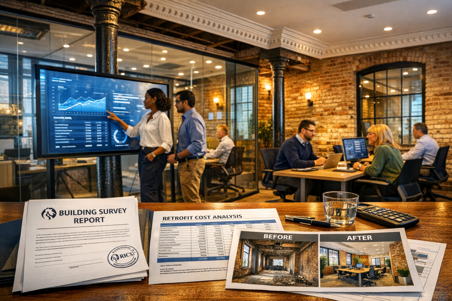 Detailed () professional photograph of modern office workspace in refurbished Grade II listed building in central London.