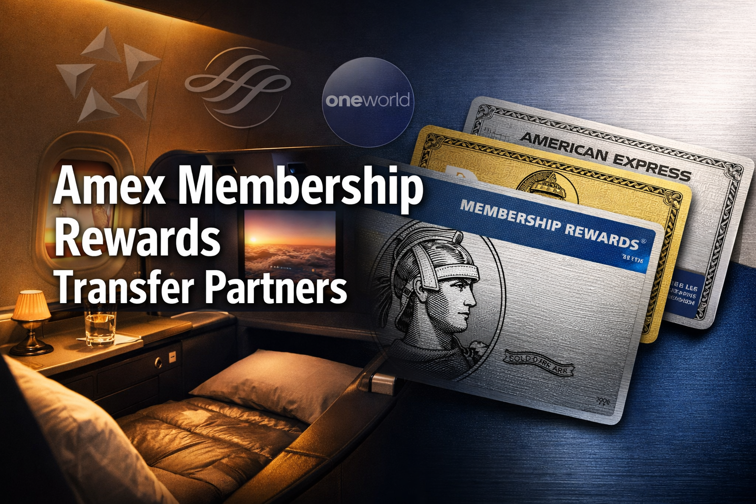 Professional landscape hero image (1536x1024) featuring bold text overlay 'Amex Membership Rewards Transfer Partners' in extra large 70pt wh