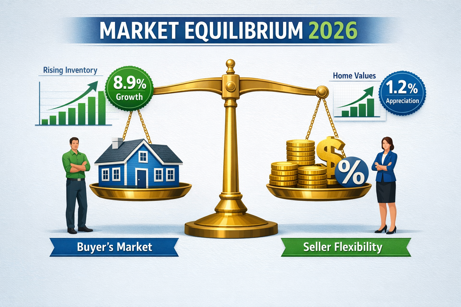 Landscape format (1536x1024) infographic showing balanced scale illustration with house icon on one side and money/percentage symbols on oth
